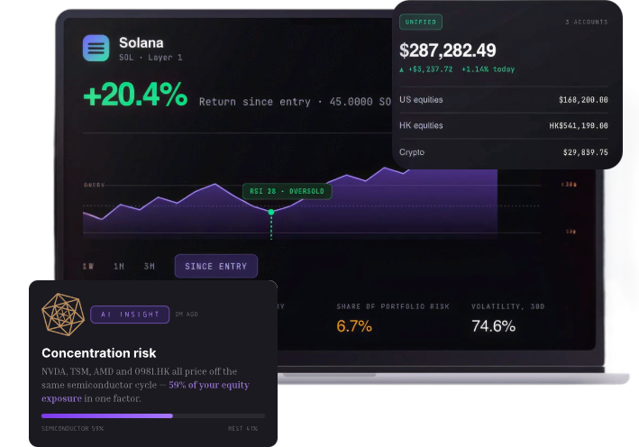 Solana portfolio on a laptop, with a concentration-risk insight and unified holdings